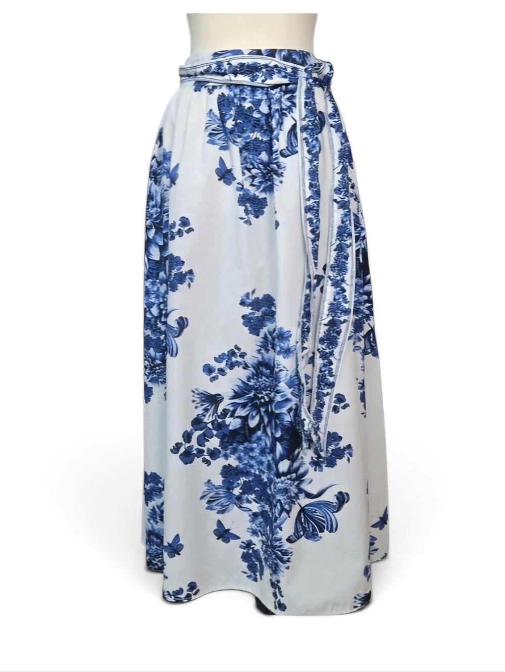 H&M Skirt Midi Tie Detail Cotton Poplin Blue White Toile Floral Cottagecore Chic